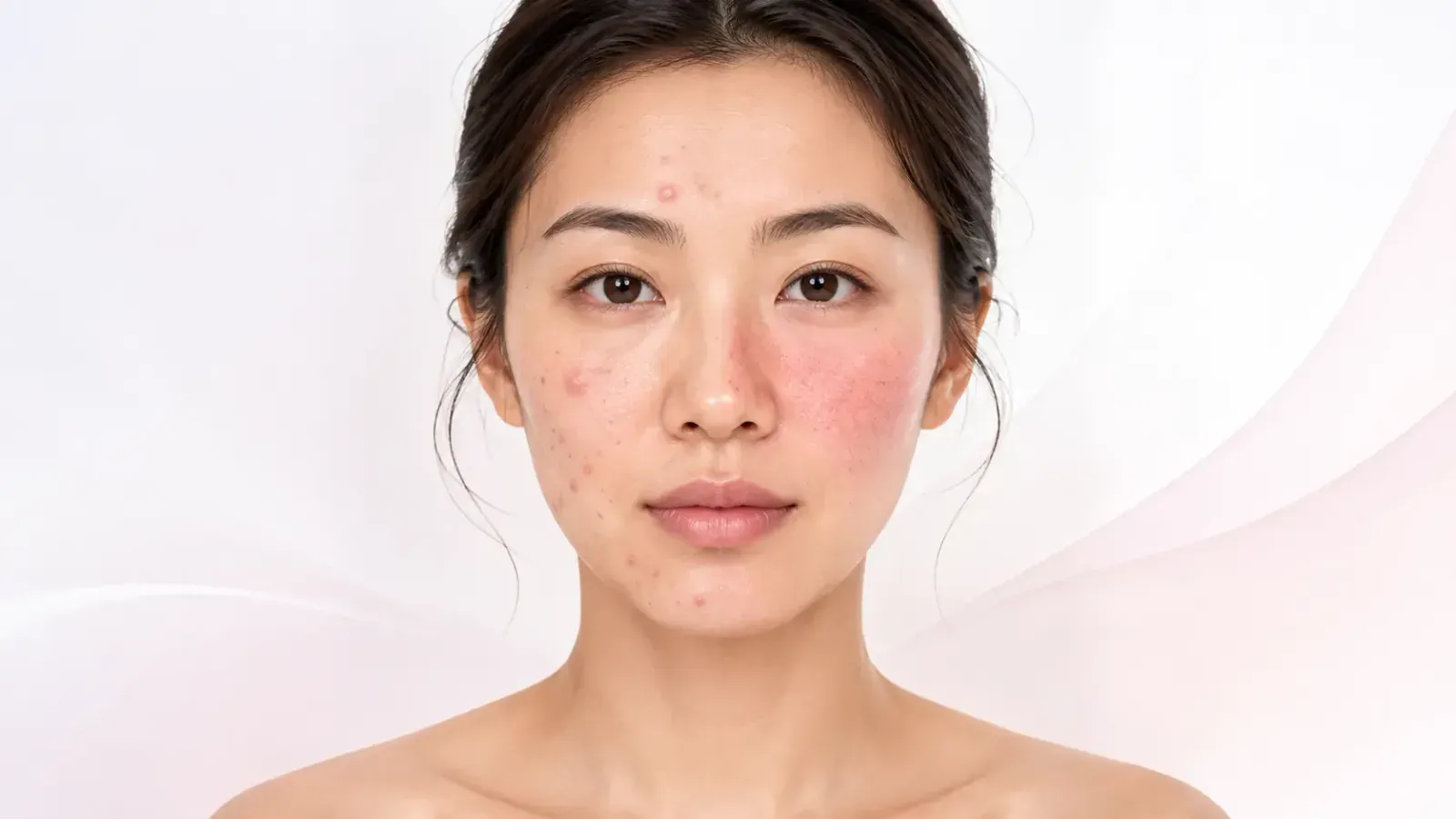 Portrait of a woman with acne-like blemishes on one side of her face and rosacea-like redness on the other