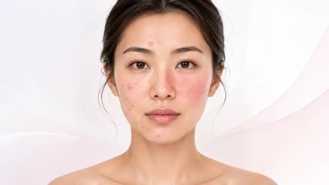 Portrait of a woman with acne-like blemishes on one side of her face and rosacea-like redness on the other
