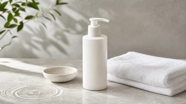 Neutral clinical skincare still life with an unbranded pump bottle, folded towel and water