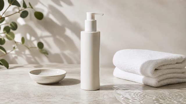 Neutral clinical skincare still life with an unbranded pump bottle, folded towel and water