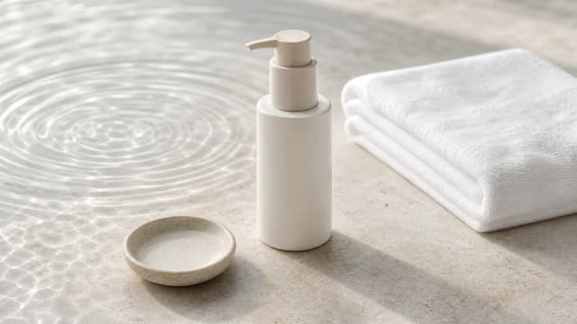 Neutral clinical skincare still life with an unbranded pump bottle, folded towel and water