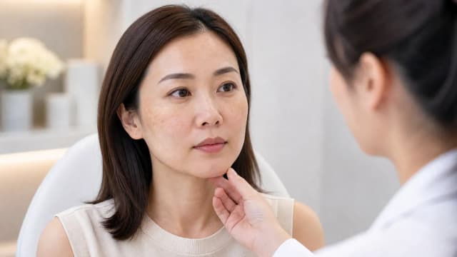 Woman with natural skin texture attending a professional pigmentation consultation