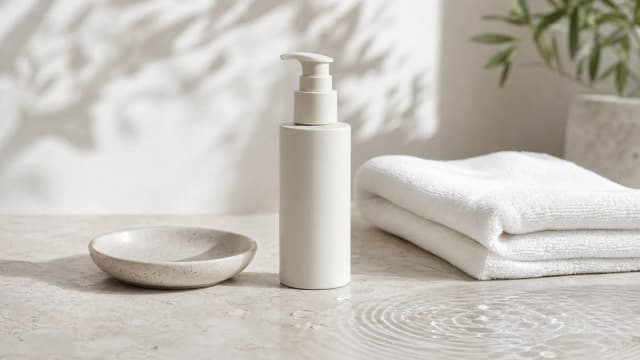 Neutral clinical skincare still life with an unbranded pump bottle, folded towel and water