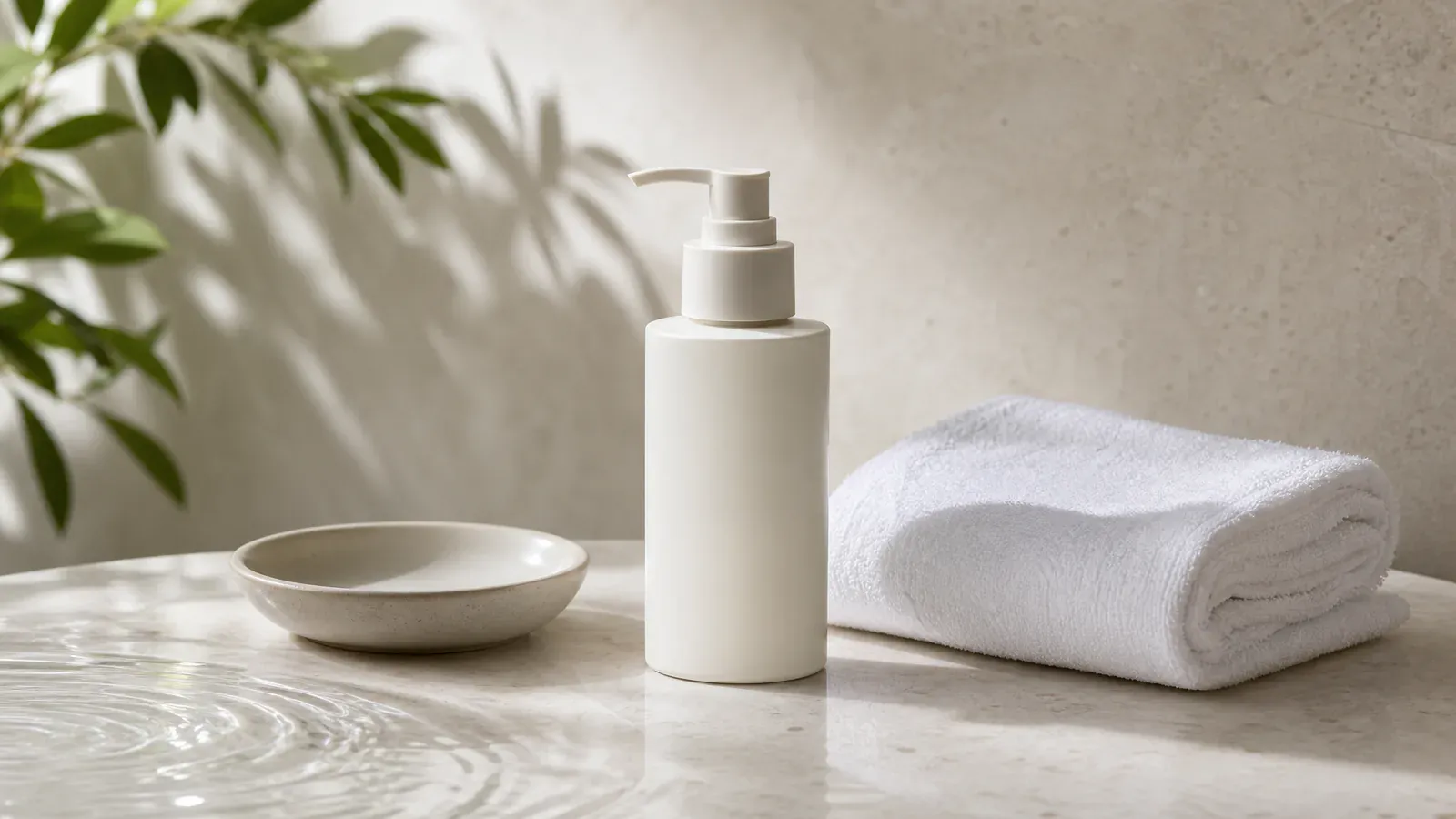 Neutral clinical skincare still life with an unbranded pump bottle, folded towel and water