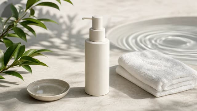 Neutral clinical skincare still life with an unbranded pump bottle, folded towel and water