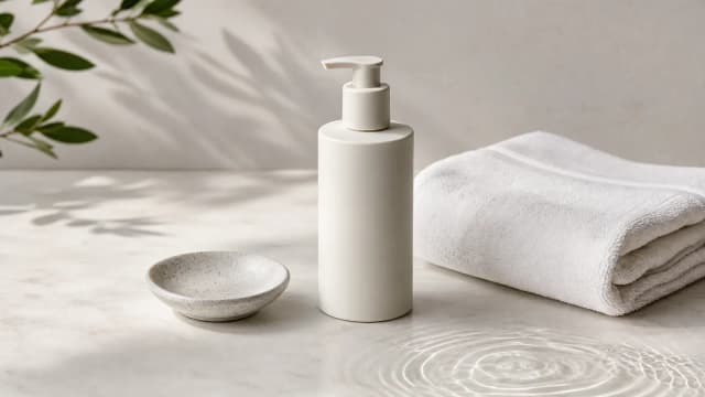 Neutral clinical skincare still life with an unbranded pump bottle, folded towel and water